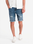 Men's short denim shorts with rubbing and rolled up leg - blue V2 OM-SRDS-0186