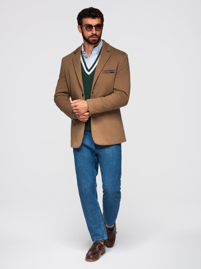 Men's knitted jacket with a fitted cut - light brown V4 OM-BLZB-0100