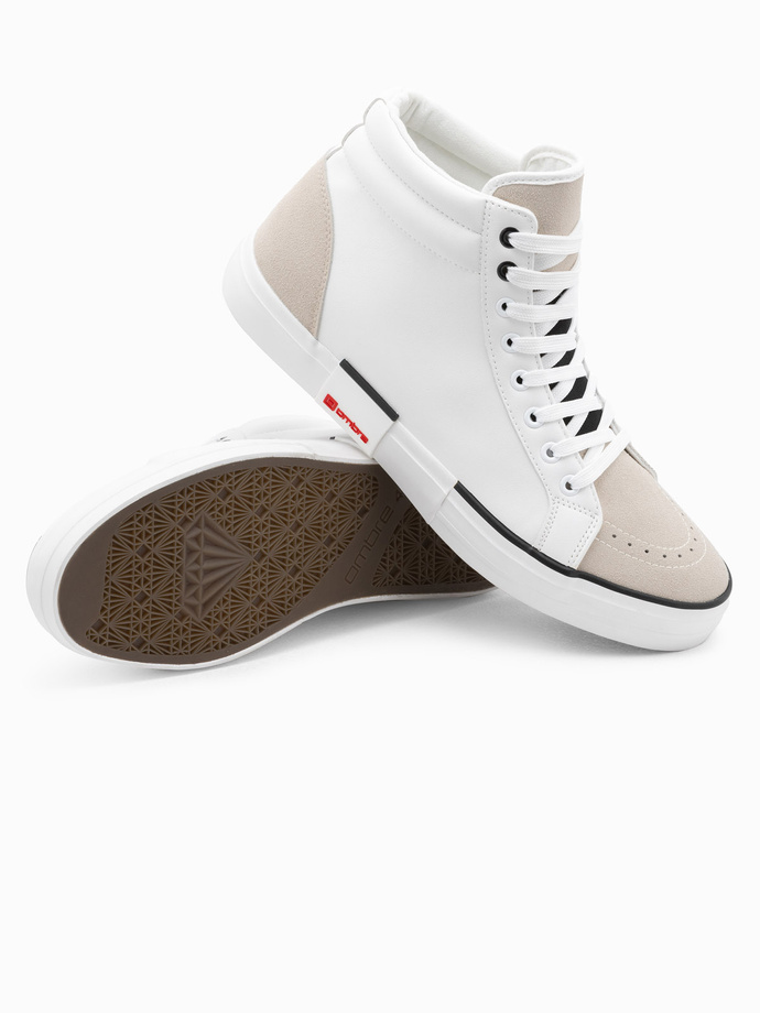 Men's high classic sneakers with quilted upper - white and beige V1 OM-FOTH-0127