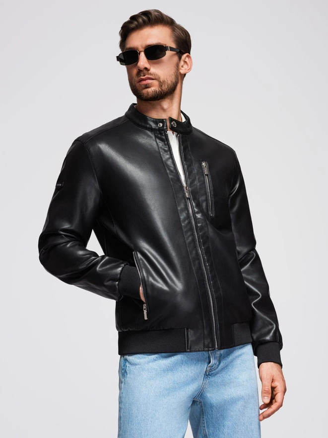 Men's faux leather jacket with ribbed bottom hem - black V2 OM-JAFL-0109