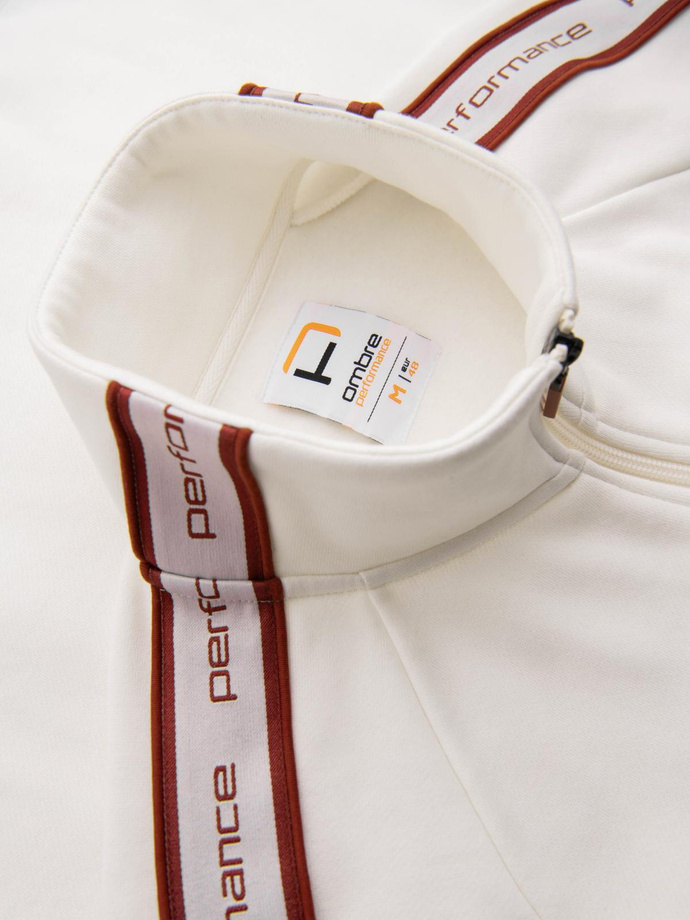 Męska bluza rozpinana z lampasami i wysoką stójką – kremowa V2 OM-SSZP-0224