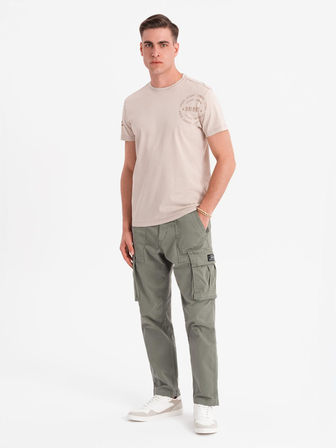 Men's military style printed cotton t-shirt - beige V1 OM-TSWT-0202