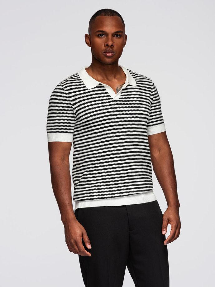 Men's knitted buttonless polo shirt with navy stripes - black and white V1 OM-POSS-0161