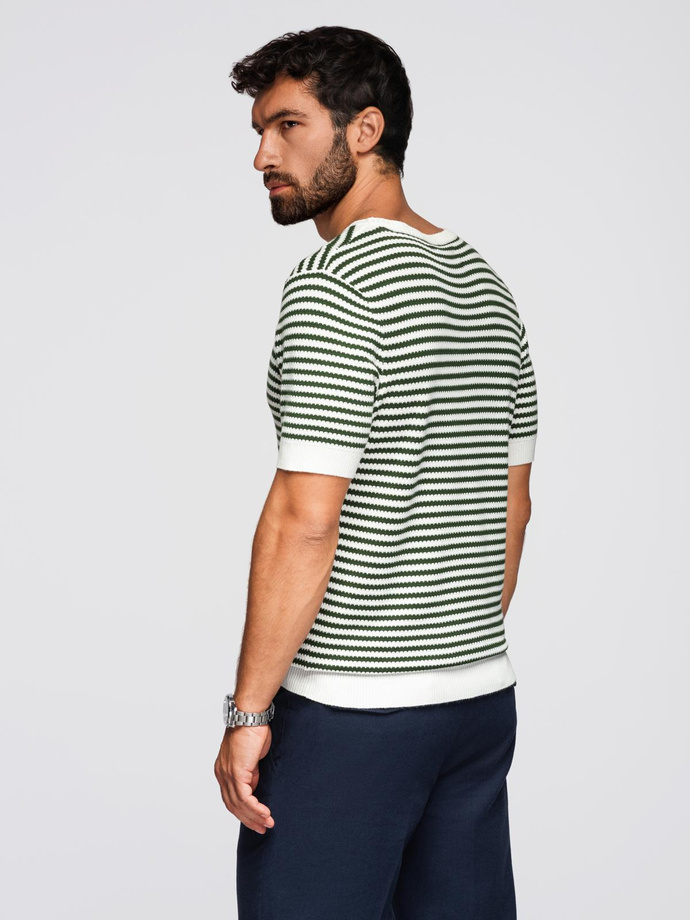 Men's knitted t-shirt with navy stripes and openwork weave - olive and white V3 OM-TSCT-0255
