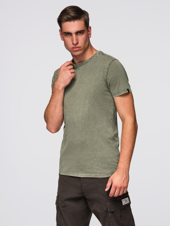 Męski t-shirt z efektem sprania – oliwkowy V4 OM-TSWT-0116