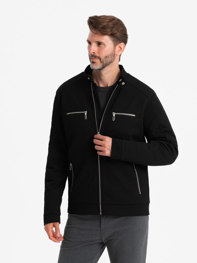 Men's biker jacket with collar and pockets - black V2 OM-JALP-0157