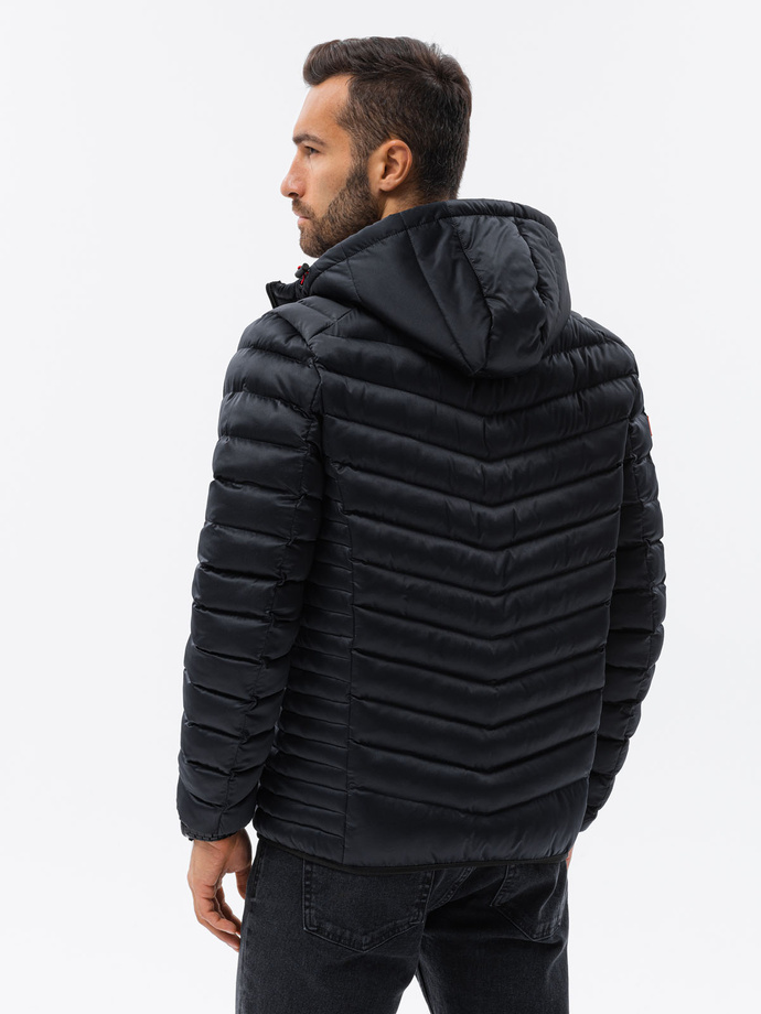 Kurtka męska pikowana o satynowym wykończeniu - czarna V2 OM-JALP-0121