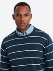 Casual men's sweater with horizontal stripes - navy blue V1 OM-SWSW-0143