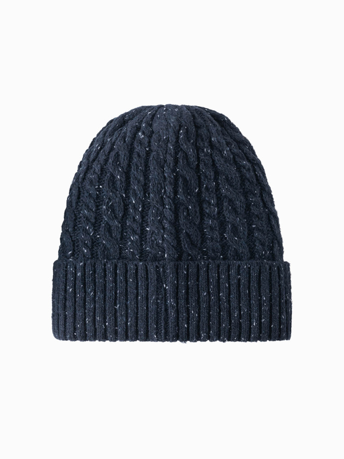 Czapka męska beanie z okrągłą tłoczoną naszywką – granatowa V2 OM-ACWH-0121