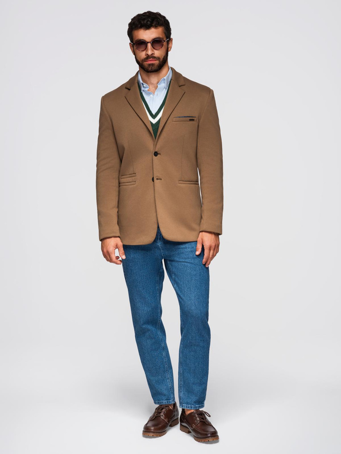 Men's knitted jacket with a fitted cut - light brown V4 OM-BLZB-0100