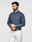 Men's linen shirt with classic collar and pockets REGULAR FIT - blue V4 OM-SHCS-0134