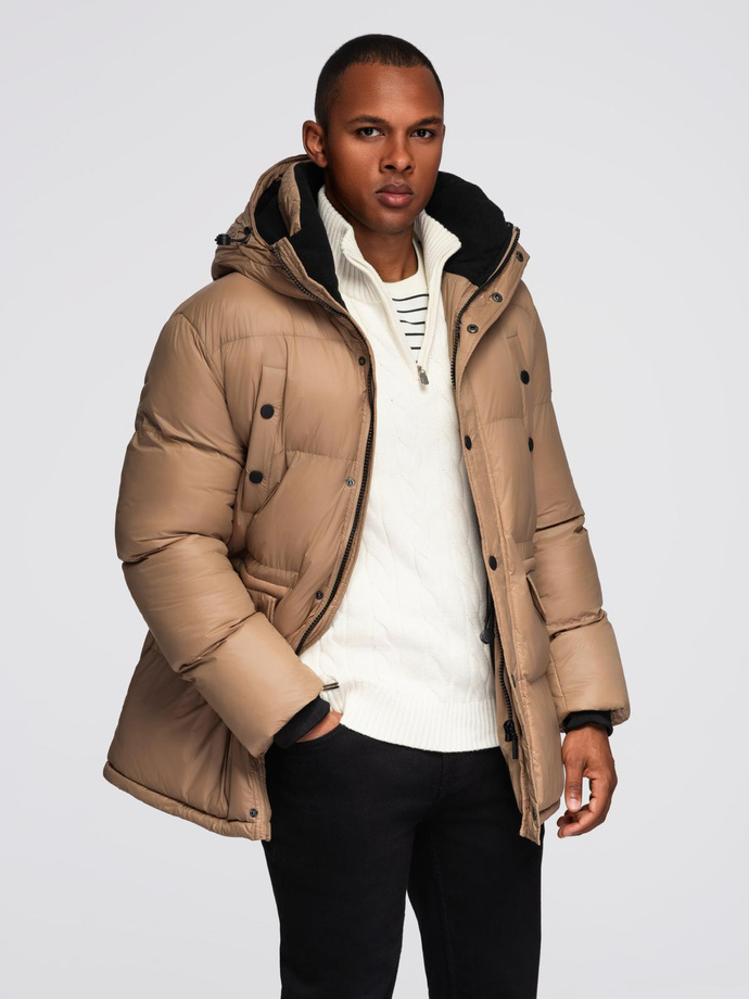 Długa męska kurtka puffer z zapinanymi kieszeniami – brązowa V2 OM-JALJ-0186