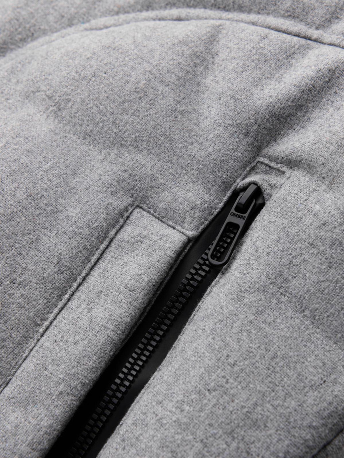 Męska casualowa kurtka puffer z wełną – jasnoszary melanż V3 OM-JAHP-0203