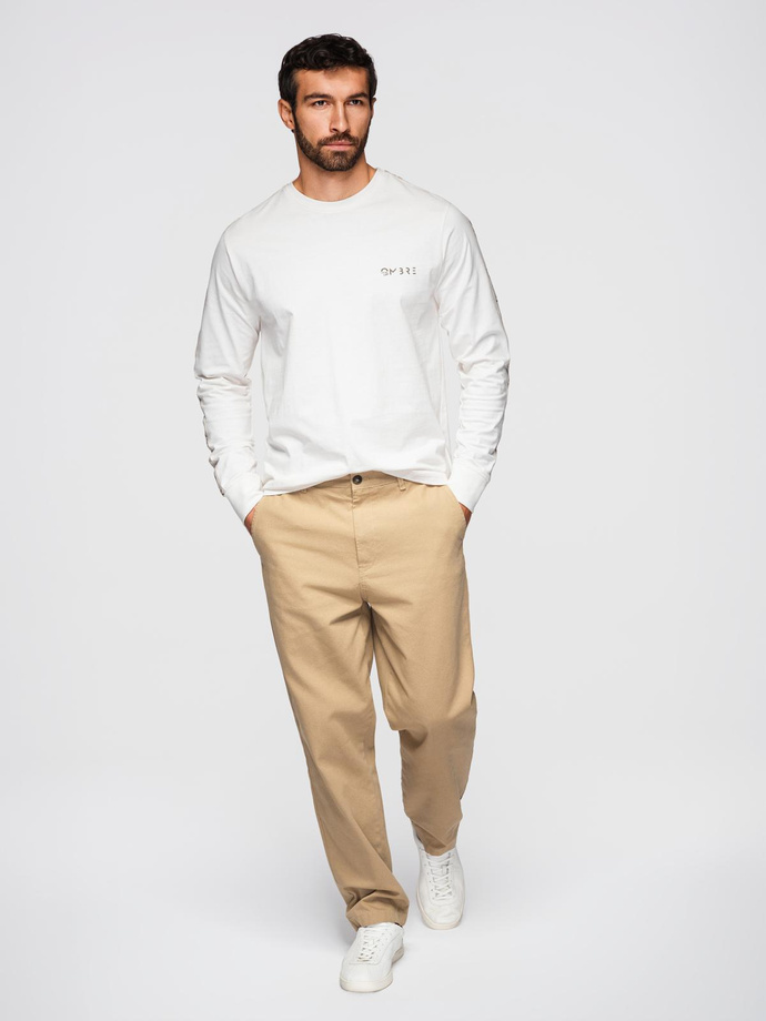 Men's cotton U-neck longsleeve with piping and chest print - broken white V3 OM-LSCL-0127