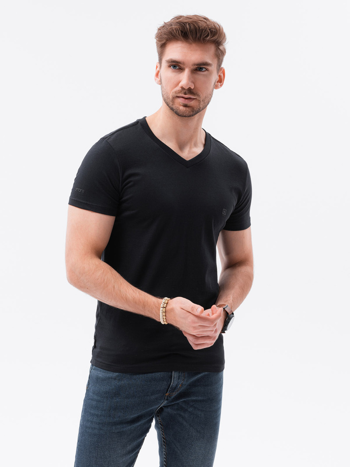 Men's V-NECK T-shirt with elastane - black V3 S1183