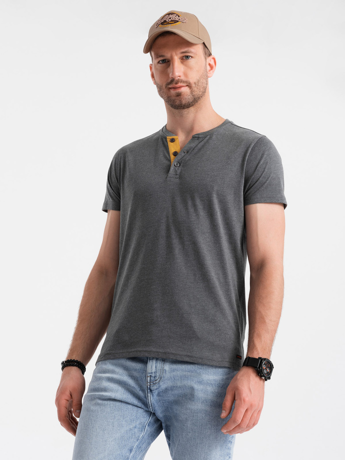 Men's t-shirt with round henley neckline - dark grey V6 OM-TSCT-0155