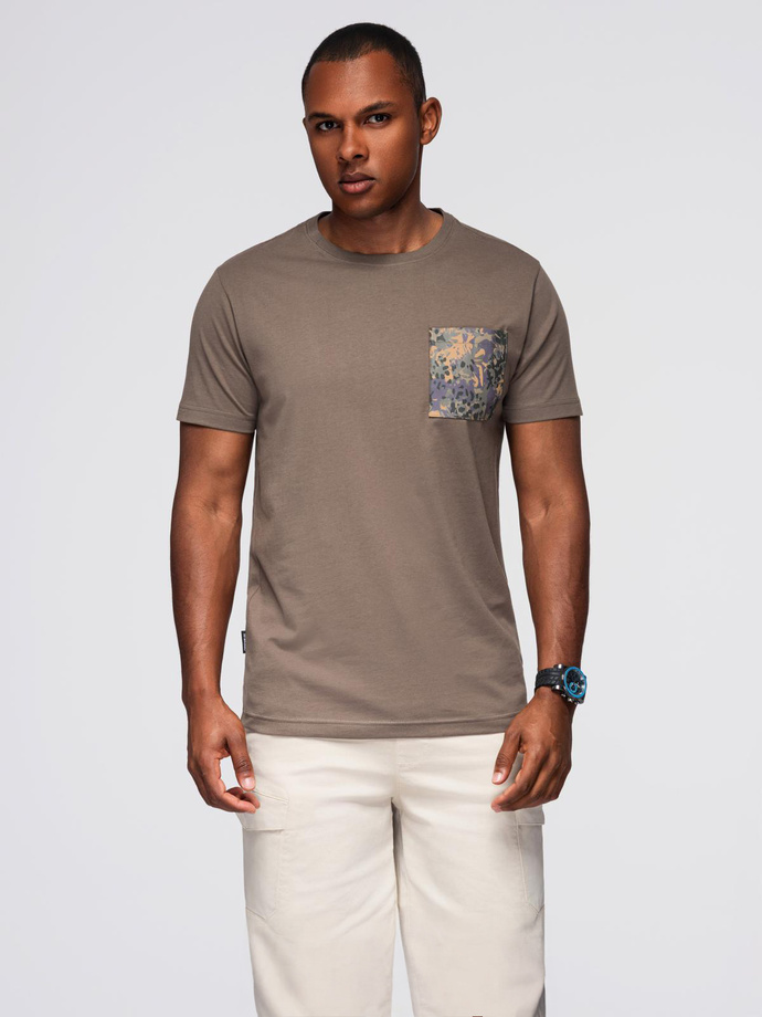 Men's cotton t-shirt with printed pocket - dark olive V1 OM-TSPT-0227