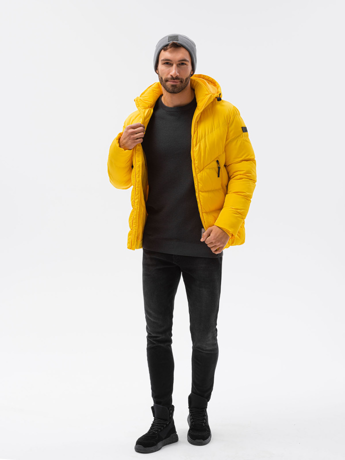 Kurtka męska zimowa z nietypowym pikowaniem - żółta V1 OM-JAHP-0127