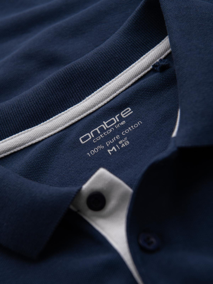 Men's cotton polo shirt with contrast trim - navy blue V4 OM-POSS-0113