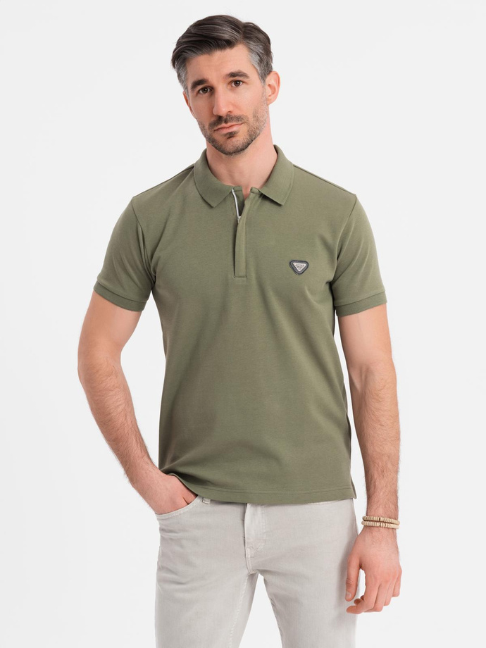 Men's polo shirt with zip neckline - olive V5 OM-POSS-0148