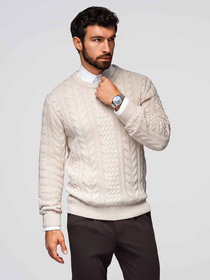 Elegant men's sweater with interesting weave - ecru V1 OM-SWSW-0173