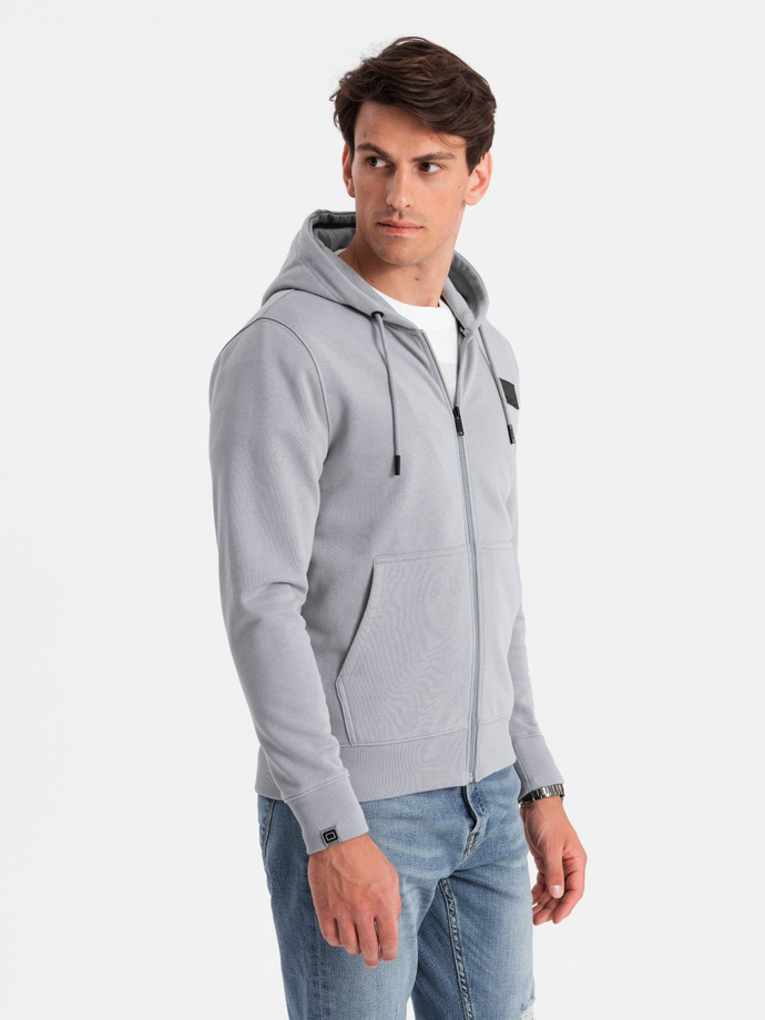 Men's unbuttoned sweatshirt with hood and patch - grey V1 OM-SSZP-0140