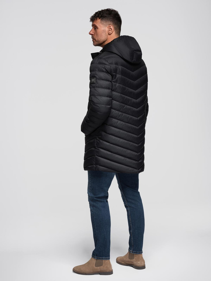 Men's long quilted jacket with natural filling - black V1 OM-JALJ-0212