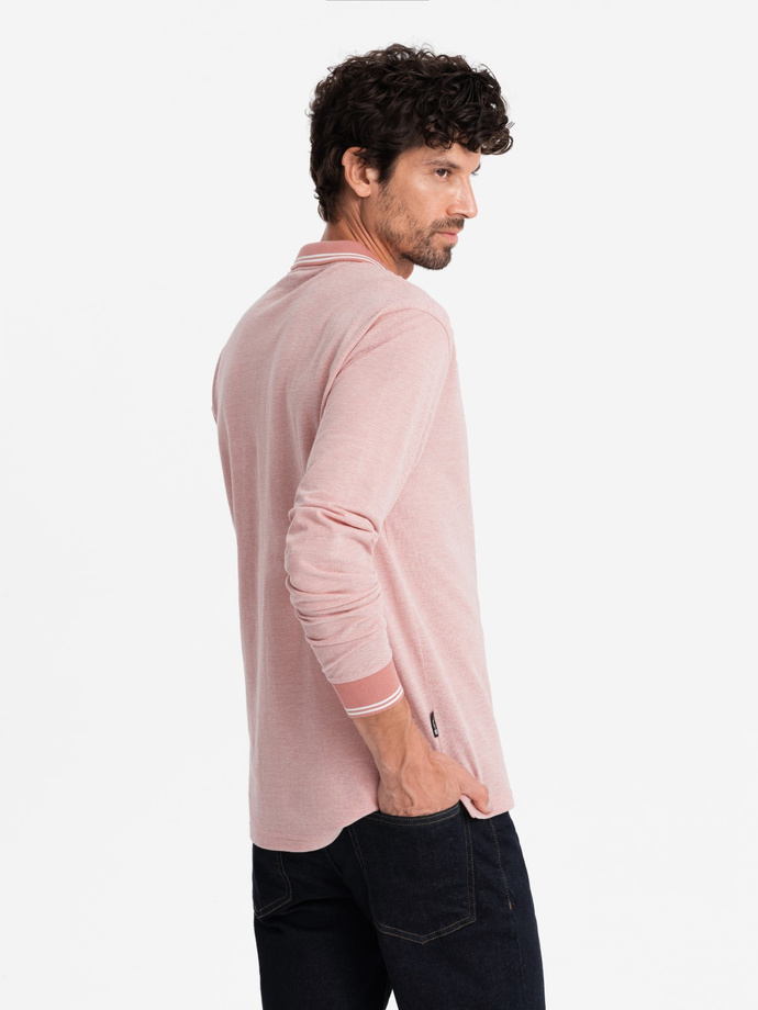 Men's melange polo longsleeve with embroidery - pink melange V2 OM-POLS-0129