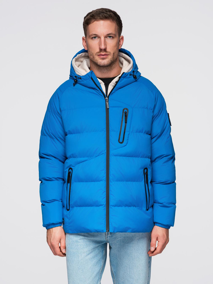 Ocieplana pikowana kurtka męska z raglanowym rękawem – niebieska V2 OM-JAHP-0302