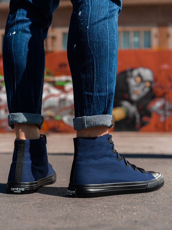 Buty męskie trampki z łączonych materiałów - granatowe V3 OM-FOTH-0143