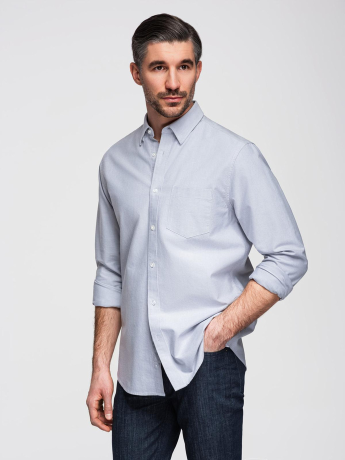 Elegant men's oxford shirt with embroidery and pocket - blue V1 OM-SHOS-0173