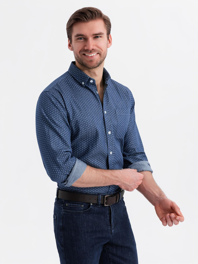 Wzorzysta męska koszula z cienkiego jeansu z kieszonką – niebieska V2 OM-SHDS-0179