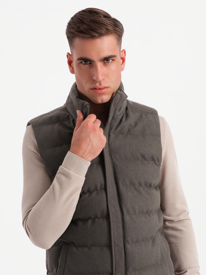 Men's quilted wool sleeveless jacket - olive melange V4 OM-JAVJ-0200