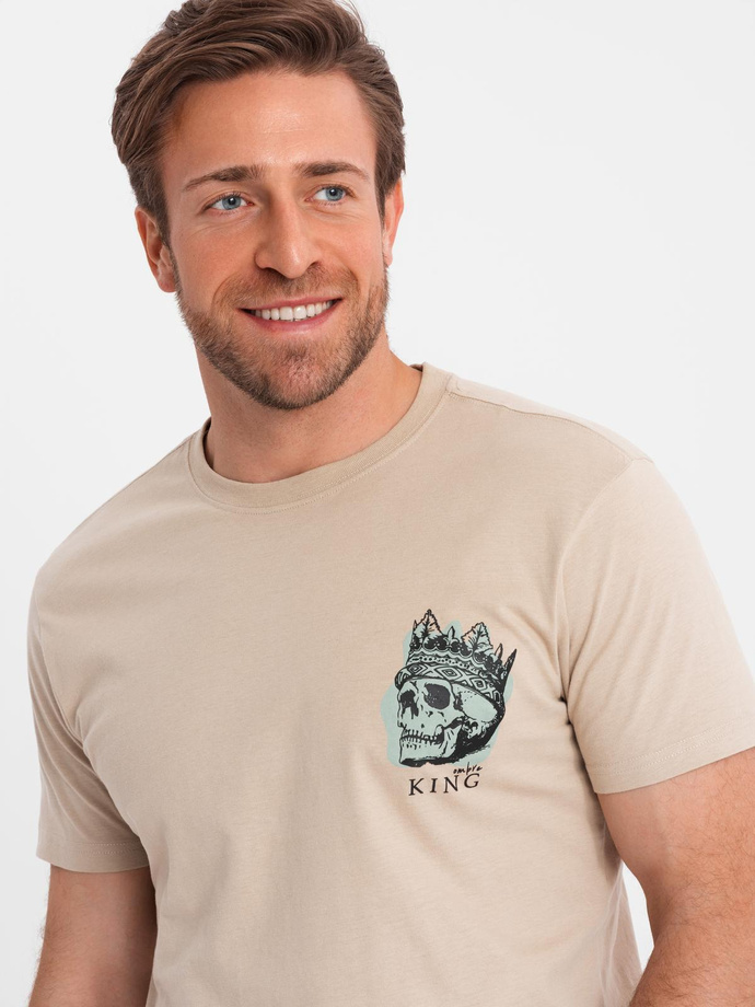 Men's cotton t-shirt with chest print - beige V1 OM-TSPT-0167