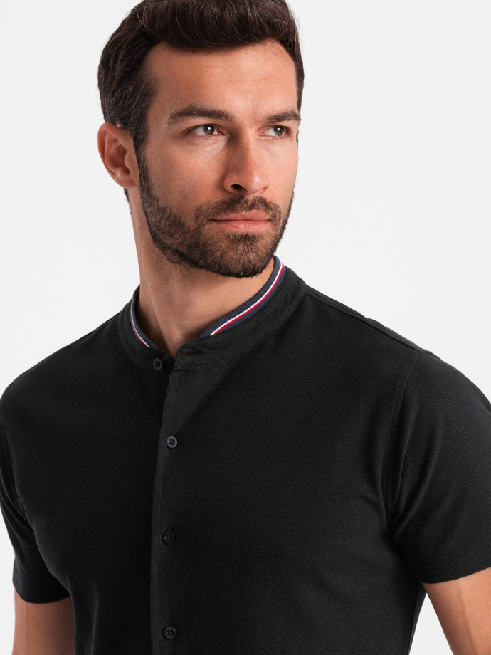 Men's knit shirt with short sleeves and collared collar - black V4 OM-SHSS-0101