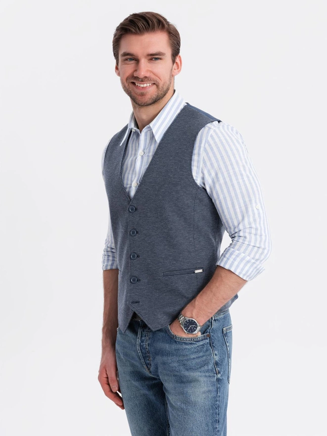 Fitted elegant men's structured knit vest - navy blue V1 OM-BLZV-0147