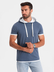 Casualowy męski t-shirt bawełniany z kapturem – ciemnoniebieski melanż V12 OM-TSCT-22SS-001