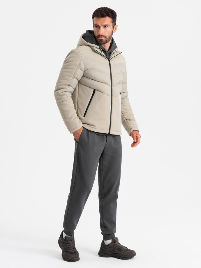 Kurtka męska pikowana z łączonych materiałów z wysokim kołnierzem – beżowa V4 OM-JALP-0172