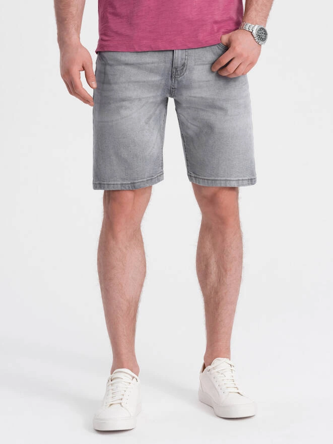 Krótkie męskie spodenki jeansowe z delikatnym washem – szare V2 OM-SRDS-0145