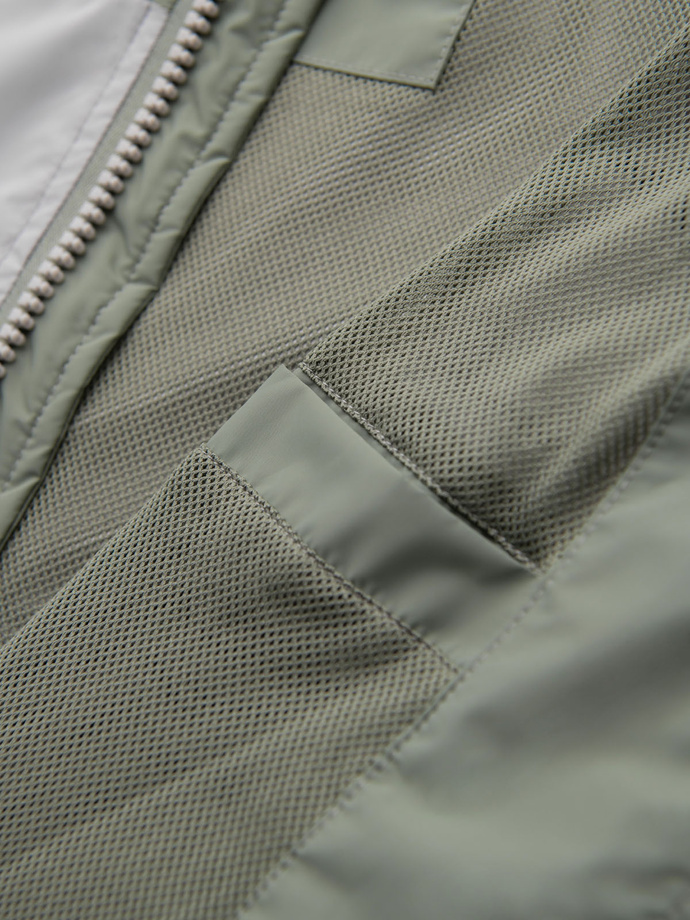 Męska kontrastowa kurtka wiatrówka z kapturem  - oliwkowo-szara V3 OM-JANP-0228