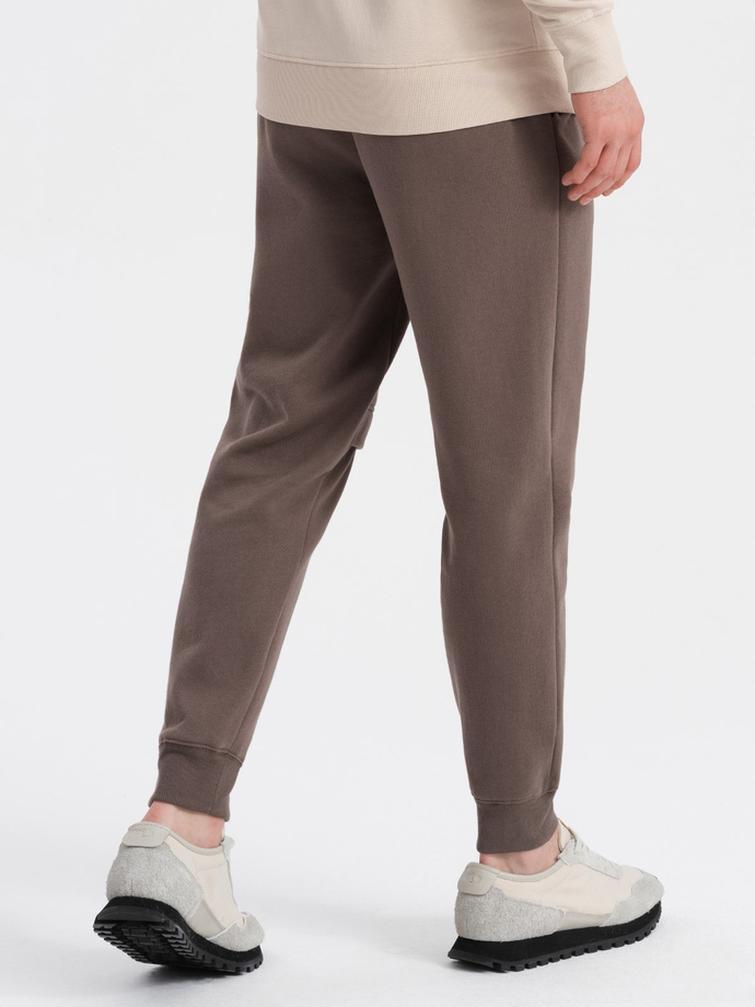 Men's sweatpants with stitching and zipper on leg - brown V4 OM-PASK-0147
