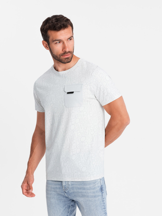 Men's cotton t-shirt with letter print and pocket - white-gray V3 OM-TSFP-0188