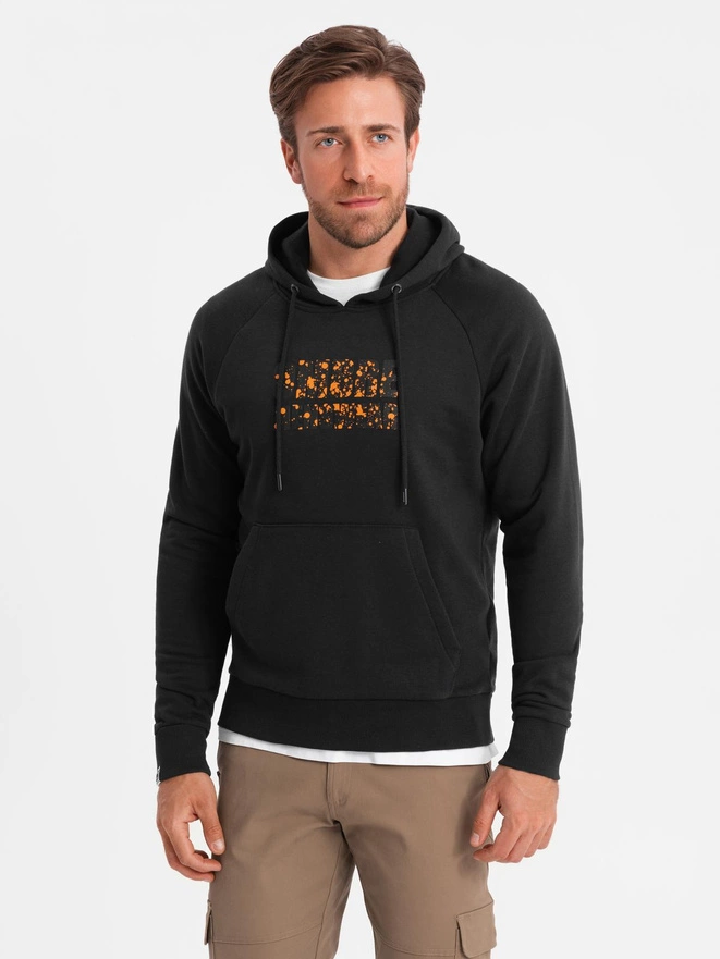 Men's kangaroo sweatshirt with hood and print - black V2 OM-SSPS-0155