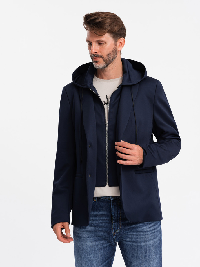 Men's blazer with detachable underlining and hood - navy blue V2 OM-BLZB-0126