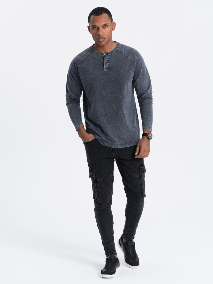 Men's wash henley longsleeve with raglan sleeves - dark blue V2 OM-LSWL-22FW-001