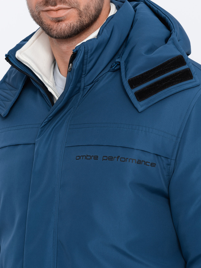 Kurtka męska ocieplana z kapturem - ciemnoniebieska V4 OM-JAHP-0128