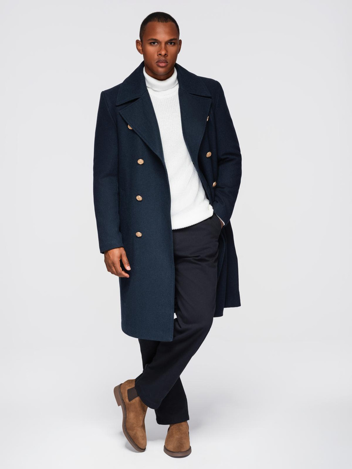 Men's navy double-breasted wool coat - navy blue V1 OM-COWC-0134