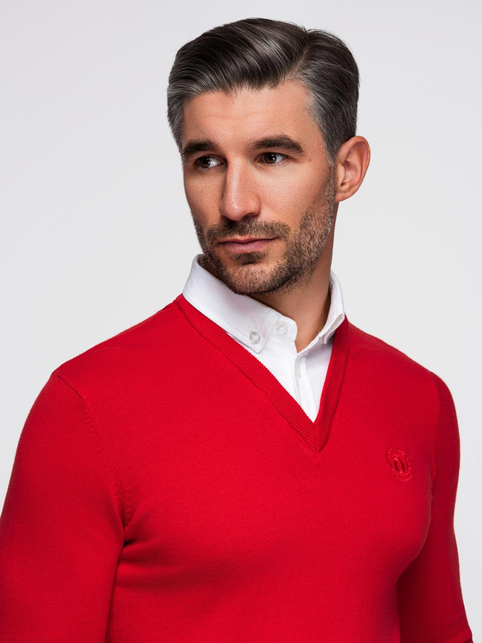 Men's sweater with a "v-neck" neckline with a shirt collar - red V4 OM-SWSW-0102