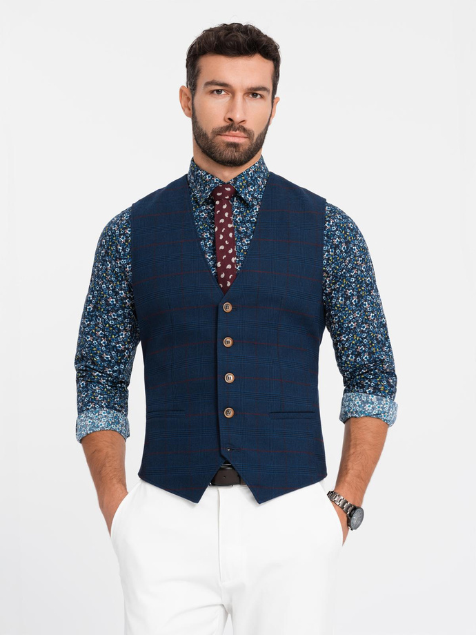 Men's vest without lapels in delicate check - navy blue V1 OM-BLZV-0123