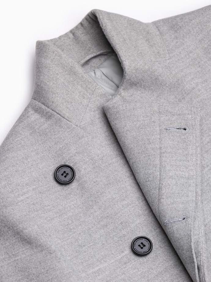 Płaszcz męski z asymetrycznym zapięciem - szary melanż V1 OM-COWC-0102